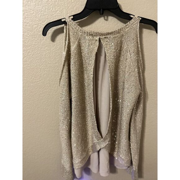 $80 Jessica Simpson Keyhole Blouse Back Sweater Top Large Gold Sequin J29 - Picture 4 of 5